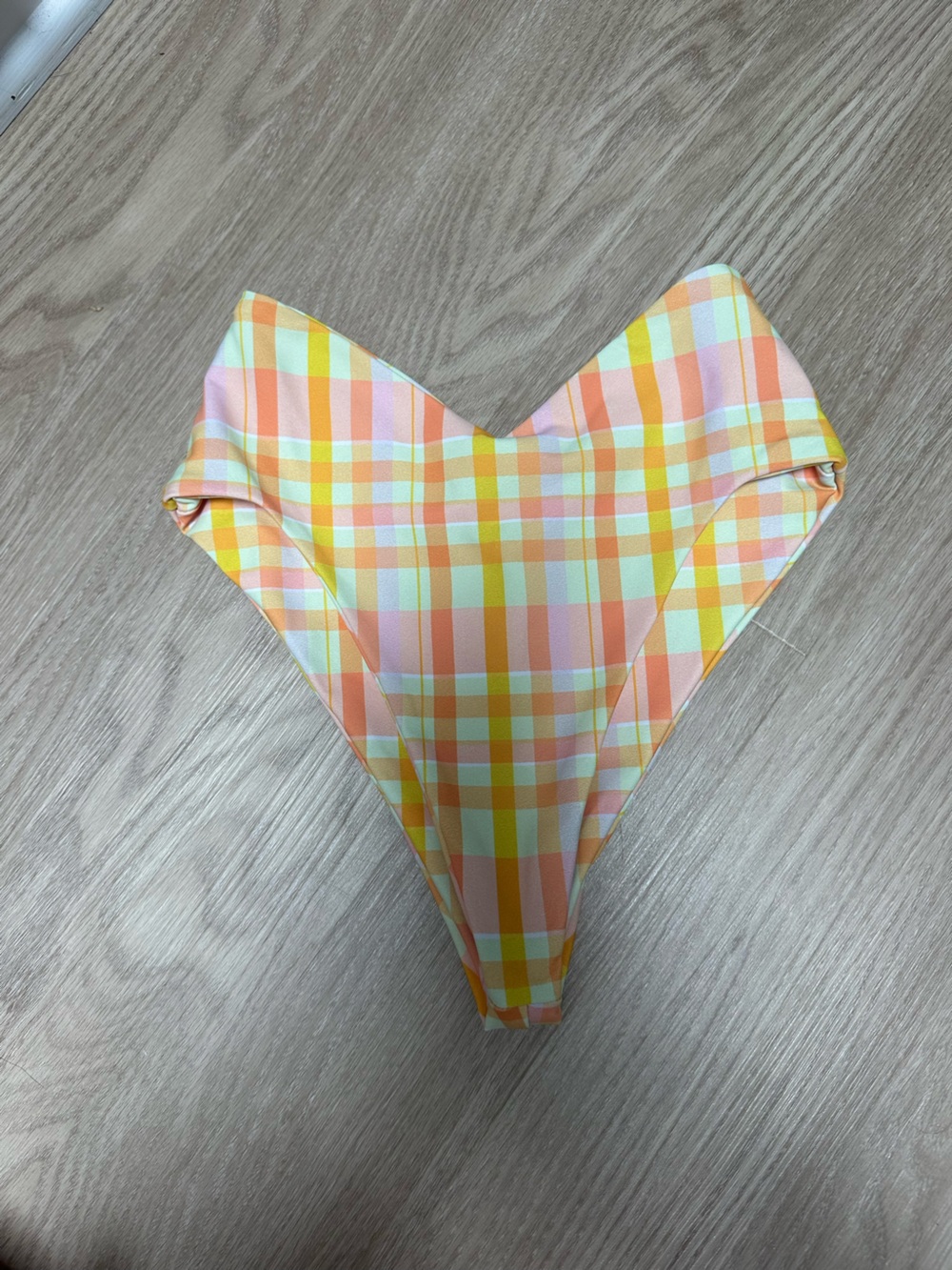 Skatie Plaid Bikini Bottoms in Peach, Yellow and White